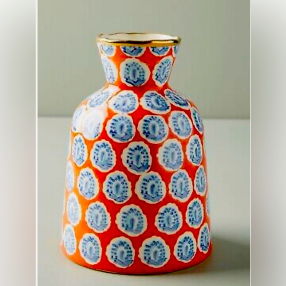 Anthropologie hand painted elza vase orange blue medallion gold rim